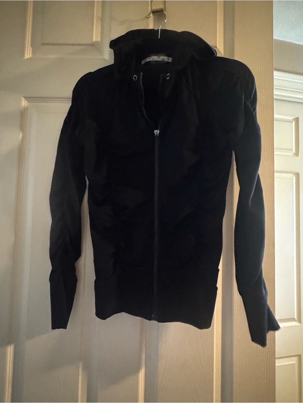 Athleta- Black Hooded Full Zip-Up Jacket with Rouched Side Detailing- XS